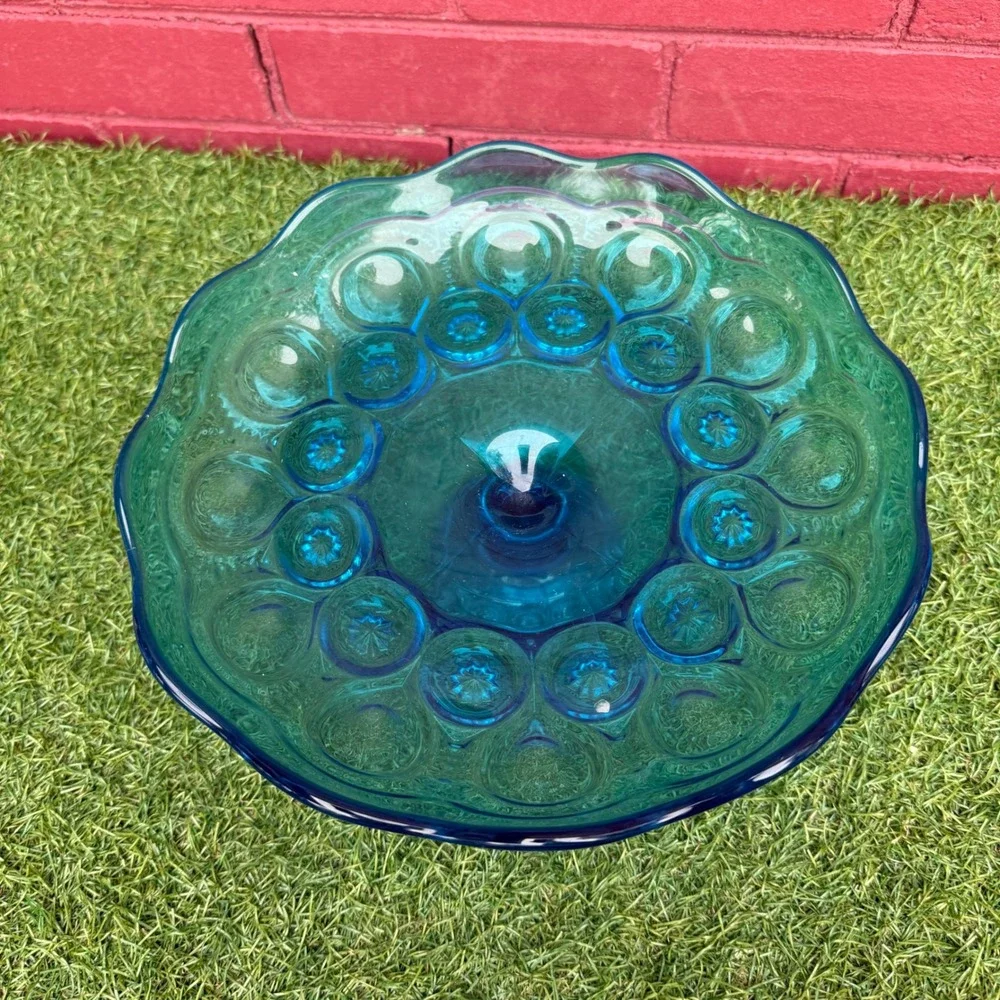Vintage LE Smith Teal‎ Moon and Stars Glass Pedestal Cake Stand Candy Dish